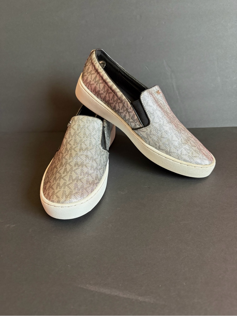 Michael Kors Metallic Logo Slip-On Sneakers in Silver and Taupe